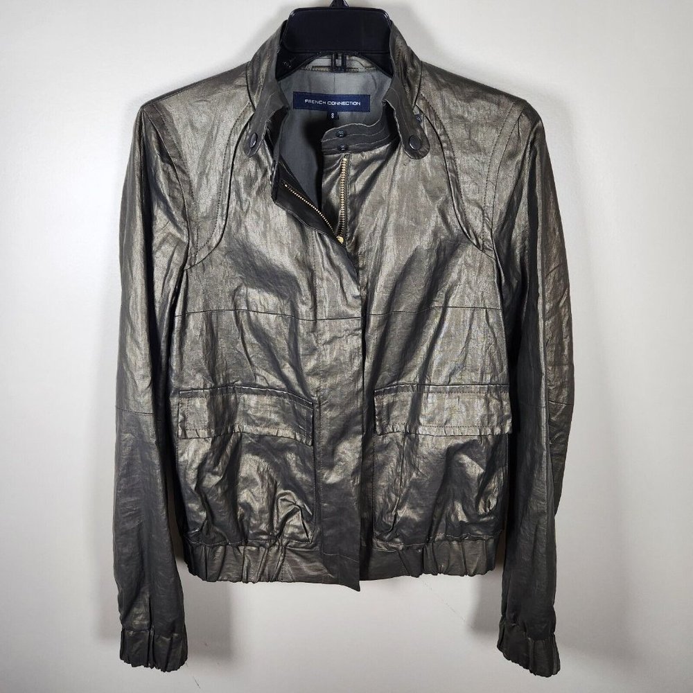 French Connection Bomber Jacket Womens Olive Green Metallic Coated Linen Y2K